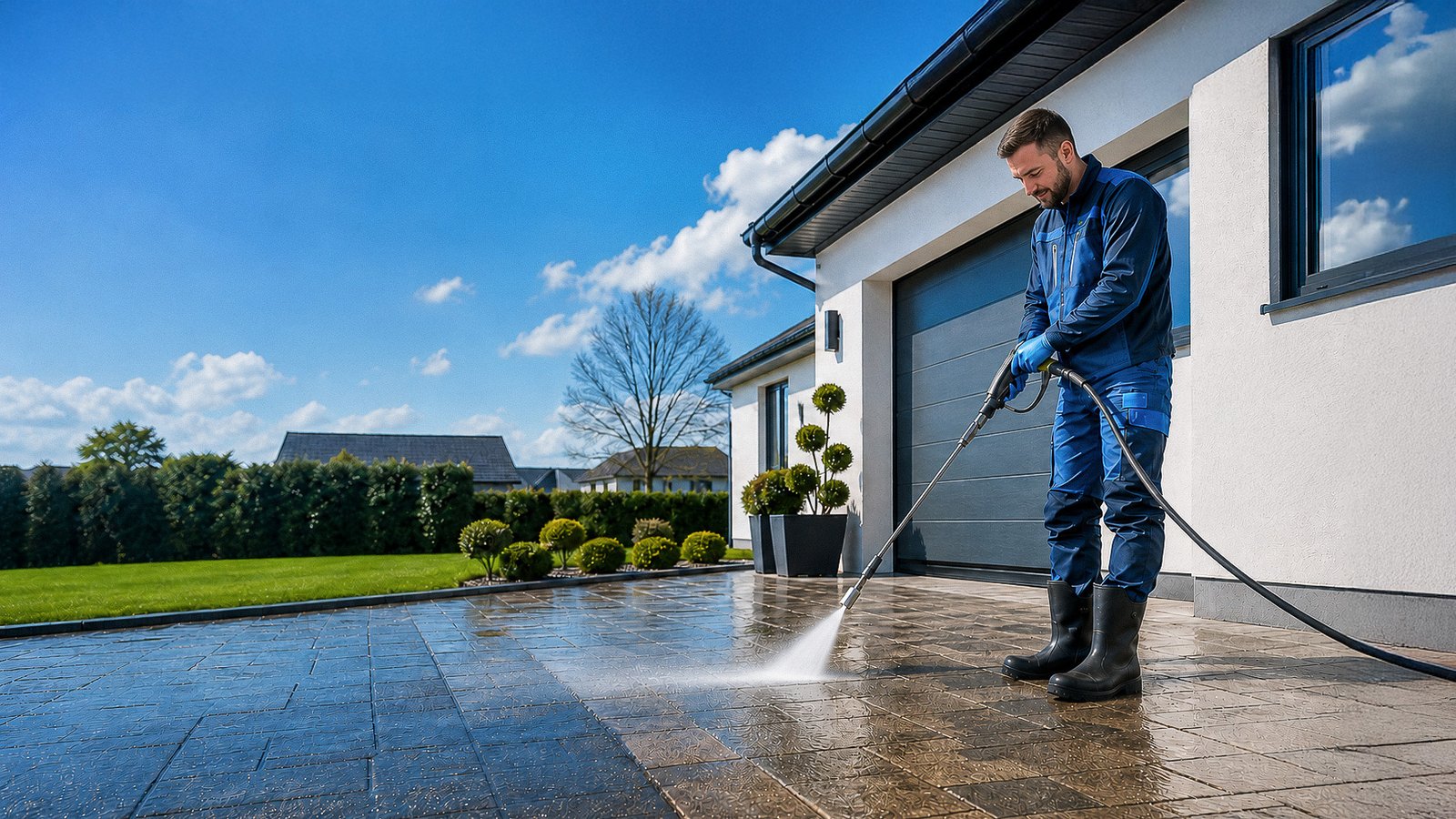 Technician pressure washing a clean driveway
